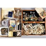 A SELECTION OF JEWELLERY AND COINS, to include imitation pearl necklaces, a silver enamel flower