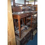 AN EDWARDIAN MAHOGANY SIDE TABLE (sd) together with two distressed 19th Century toilet mirrors,