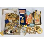 A BOX OF MASONIC MEDALS, REGALIA, BADGES ETC, to include collars, badges, medals, pins, ribbons,