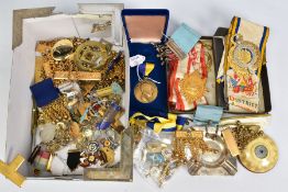 A BOX OF MASONIC MEDALS, REGALIA, BADGES ETC, to include collars, badges, medals, pins, ribbons,
