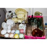 THREE BOXES AND LOOSE CERAMICS, GLASS ,etc, to include glass ink bottles, brewery bottles, six