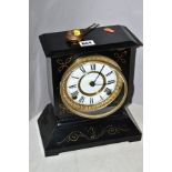 A SLATE MANTEL CLOCK, 'Ansonia Clock Co, New York', white enamel dial (cracked), with Roman