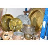 A GROUP OF ISLAMIC AND OTHER BRASS, COPPER AND WHITE METAL ITEMS to include brass table tops,