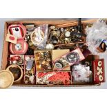A SELECTION OF COSTUME JEWELLERY, WATCHES ETC, to include two pocket watches, an Ingersoll wrist