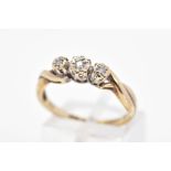 A 9CT GOLD THREE STONE DIAMOND RING, designed as three graduated brilliant cut diamonds within