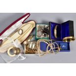 A SMALL BOX OF JEWELLERY, to include a selection of silver and white metal jewellery, an oval banded