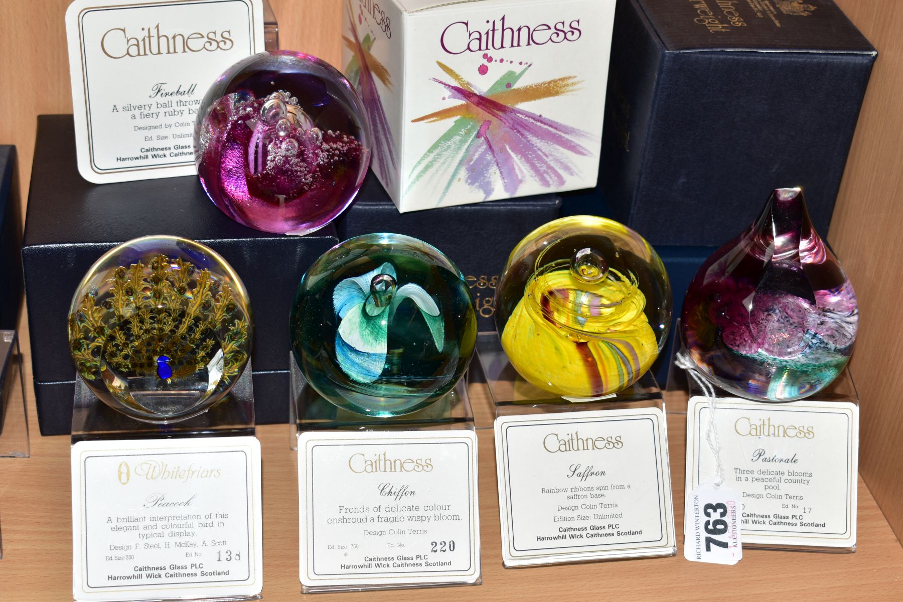 THREE BOXED CAITHNESS LIMITED EDITION PAPERWEIGHTS, 'Pastorale' No17/500, 'Chiffon' No220/750,