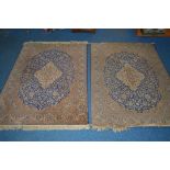 A MID TO LATE 20TH CENTURY VISCOSE CHIRAZ STYLE PINK AND BLUE GROUND RUG, 200cm x 137cm, together