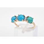 A 9CT GOLD RING, set with three circular blue paste and turquoise cabochons interspaced by