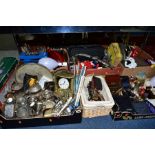 SIX BOXES AND LOOSE OF SUNDRY ITEMS, including boxed and cased cameras, metalware, kitchenalia,