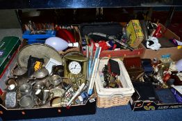 SIX BOXES AND LOOSE OF SUNDRY ITEMS, including boxed and cased cameras, metalware, kitchenalia,