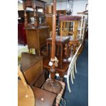 A BURR WALNUT ROUND COFFEE TABLE, BRASS ART NOUVEAU LOG BIN, VARIOUS OTHER BRASS AND COPPER, a mid