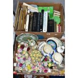 TWO BOXES BOOKS, CERAMICS, etc to include a Victorian photograph album, a group of vinyl 45 records,