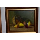 FRANCISCO DOMINGO SEGURA (1893-1974) a still life, wicker basket and pears, tumbler of wine to the