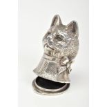 A CAT VESTA CASE, designed as a cat head with a ribbon round its neck, to the hinged base with