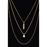 THREE 9CT GOLD PENDANT NECKLACES, the first suspending a cubic zirconia pendant from a fine curb