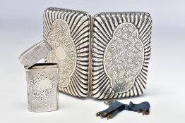 A LATE VICTORIAN SILVER CIGARETTE CASE OF RECTANGULAR FORM, ribbed and engraved decoration, gilt