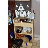 A WOODEN TWO STOREY DOLLS HOUSE, has slight damage, rear opening, fitted with electric lights (not