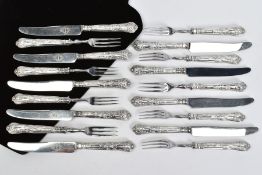 NINE PAIRS OF DESSERT KNIVES AND FORKS, with embossed decoration to the silver handles, with