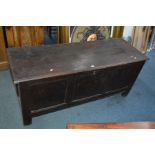 AN 18TH CENTURY OAK TRIPLE PANEL COFFER, with later wrought iron hinges, width 154cm x depth 56cm