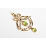 A 9CT GOLD DIAMOND AND PERIDOT SET PENDANT, the open work circular design suspending a pear and oval