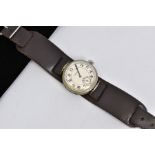 A NICKEL PLATED LONGINES TRENCH STYLE WRIST WATCH, numbered 3306122, silver tone dial with Arabic