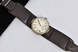 A NICKEL PLATED LONGINES TRENCH STYLE WRIST WATCH, numbered 3306122, silver tone dial with Arabic