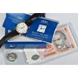 A GENTLEMAN'S ROTARY WRISTWATCH, WITH BANK NOTE AND COIN, the watch designed with a white circular