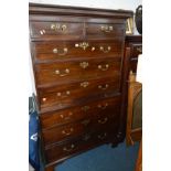 A GEORGIAN MAHOGANY CHEST ON CHEST OF TWO SHORT AND SIX LONG GRADUATED DRAWERS, central brushing