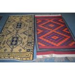 A 20TH CENTURY TRIBAL RED, BLUE AND ORANGE GROUND RUG, 199cm x 118cm, together with a woollen ground