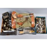 A BOX AND BAG OF CUTLERY AND A BOX OF SMALL TROPHIES, to include mainly EPNS cutlery of varying