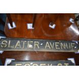 ANN EARLY 20TH CENTURY BLACK GROUND CAST IRON ROAD SIGN reading Slater Avenue, width 109cm
