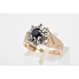 A 9CT GOLD SAPPHIRE AND DIAMOND RING, the tiered cluster designed as a central circular sapphire