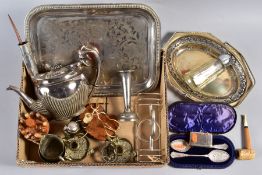 THREE ITEMS OF SILVERWARE AND A BOX OF MAINLY SILVER PLATE, the silverware to include a cased pair
