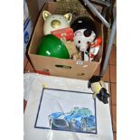 A BOX AND LOOSE SUNDRY ITEMS, to include Carltonware 'Pick Flowers Brewmaster' figure, cast pig