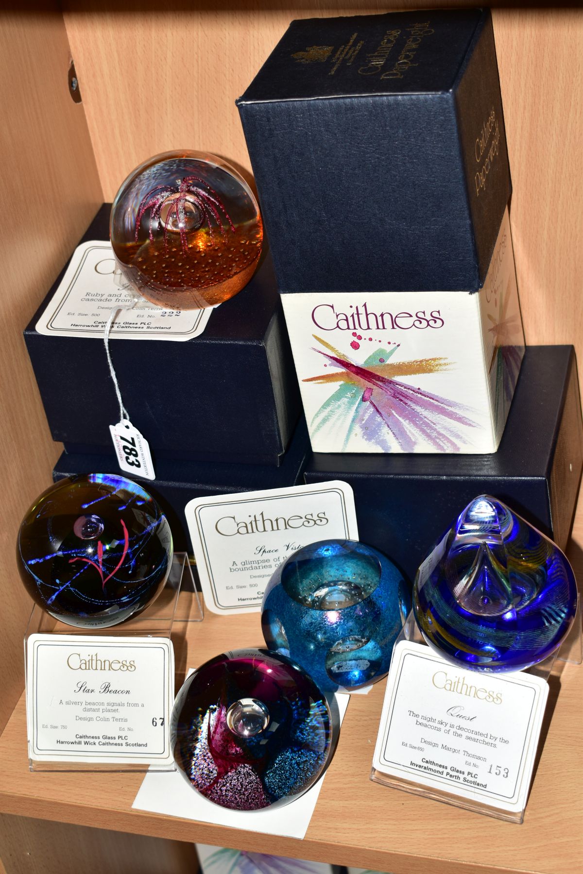 FIVE BOXED CAITHNESS LIMITED EDITION PAPERWEIGHTS, 'Starburst' No 222/500, 'Star Beacon' No 67/