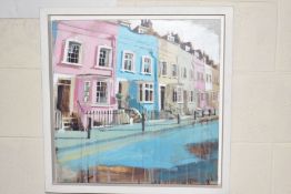 CAMILLA DOWSE (BRITISH 1968) 'IS IT A BOY OR A GIRL' pink and blue town houses, signed centre right,
