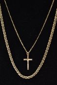 TWO 9CT GOLD CHAIN NECKLACES AND A PENDANT, the first a fine fiago chain suspending a cross pendant,
