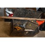A VINTAGE METAL CRATE and metal ammunition box containing various hand tools (2)