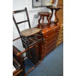 A MODERN PINE CHEST OF FIVE DRAWERS, two circular occasional tables, mahogany tea trolley and