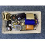 A BOX CONTAINING COSTUME JEWELLERY, CAR BADGES, CHARM BRACELET, WRISTWATCHES AND A SILVER HANDED