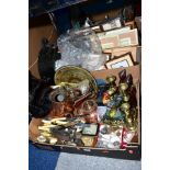 TWO BOXES AND LOOSE SUNDRY ITEMS to include brass candlesticks, costume jewellery, squat copper