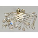 A GROUP OF SILVER AND PLATE including silver and mother of pearl dessert knives and forks,