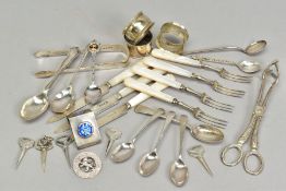 A GROUP OF SILVER AND PLATE including silver and mother of pearl dessert knives and forks,