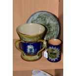 THREE ROYAL DOULTON STONEWARE ITEMS, comprising a flared cylindrical tyg, tube lined stylised floral