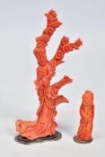 TWO CARVED CORAL FIGURES, each carved to depict an Oriental figure, the first a female amongst