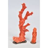 TWO CARVED CORAL FIGURES, each carved to depict an Oriental figure, the first a female amongst