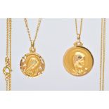 TWO CHAINS WITH PENDANTS, each of the pendants designed as a circular carved panel depicting a