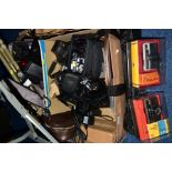 TWO TRAYS OF CAMERAS AND EQUIPMENT including Praktica, Finepix Kodak etc