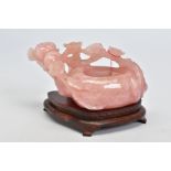 A FANCY ROSE QUARTZ HEART SHAPED TRINKET BOWL, floral and foliate carved detail, measuring